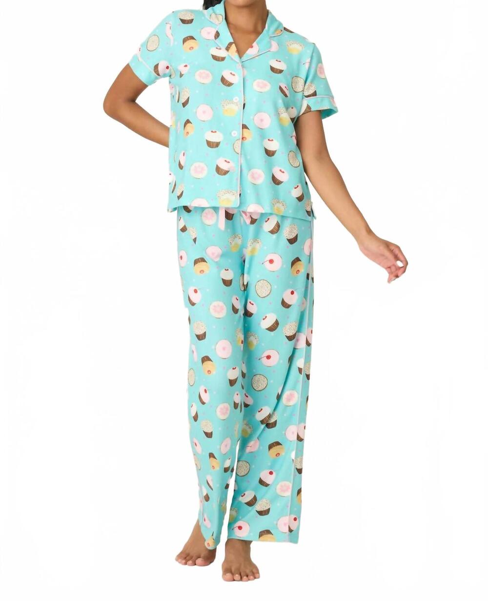 NEW PJ SALVAGE sweet life cupcake print 3-piece pajama set in bright aqua